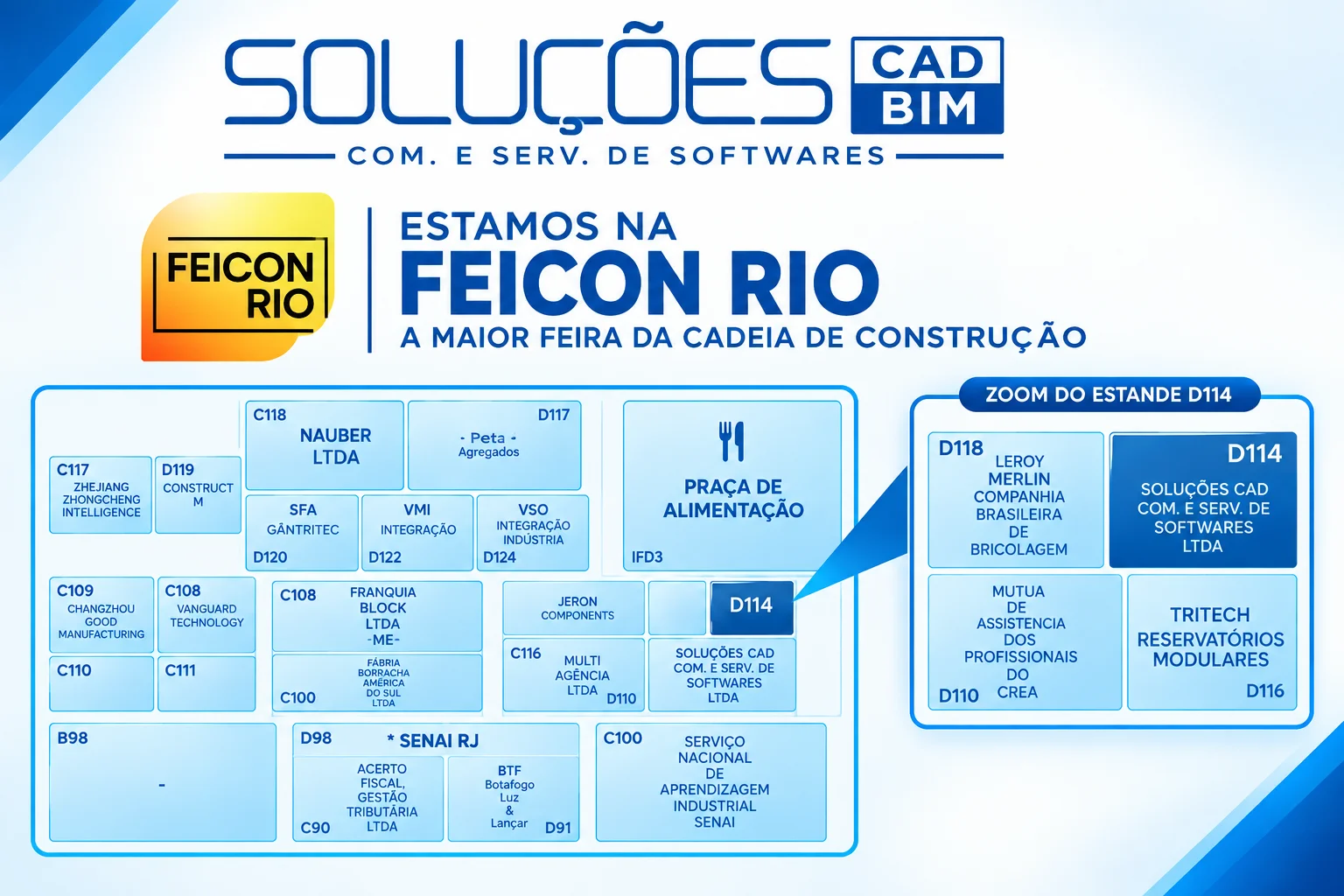 Mapa da Feicon Rio com a localização do estande D114 da SoluçõesCADBIM